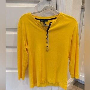 Lauren Ralph Lauren 100% Cotton Yellow Henley Long Sleeve Top XL old money,